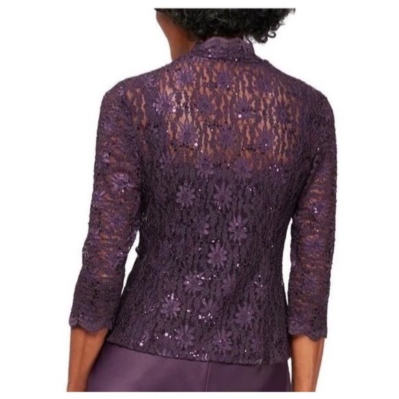 Alex Evenings Embroidered Lace Mock Jacket in Eggplant Color Size 14 - Picture 2 of 4